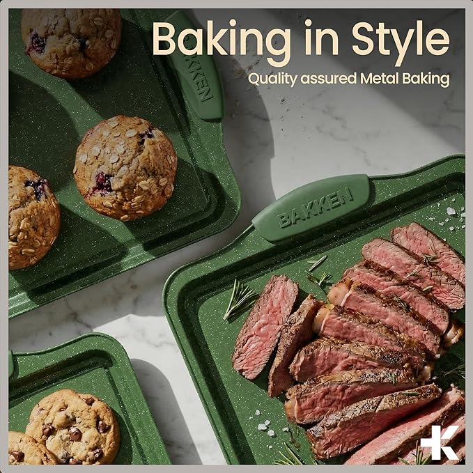 BAKKEN Kitchen Baking Pan Set - Nonstick Green Marble Coating, Carbon Steel Bakeware Sets with Green Silicone Handles, Kitchen Essentials, PFOA, PFOS, PTFE Free, Oven Safe (Up To 450° F), Set of 6