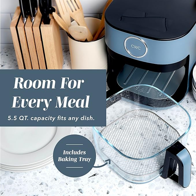 COOK WITH COLOR 1400W 5.5Qt Digital Kitchen Air Fryer with Glass Basket, 8 Presets Healthy Cooking Options, Bake, Fry, Reheat, 60-Min Timer, Adjustable Temperature Control 175°F–400°F, Slate Blue