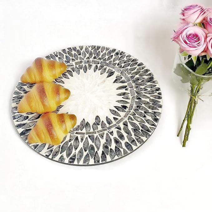 13 Inch Mother of Pearl Shell Placemat Plate – Large Round Decorative Heat for Table or Kitchen, Cabinet, Tabletop (Black and White Leaves, 13 Inch)