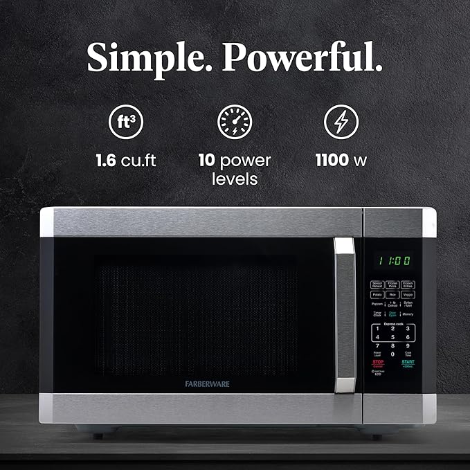 Farberware 1.6 Cu. Ft. Countertop Microwave Oven – 1100 Watts Power, Smart Sensor Auto Cook Settings, Defrost, Easy Clean and Child Safety Lock - Stainless