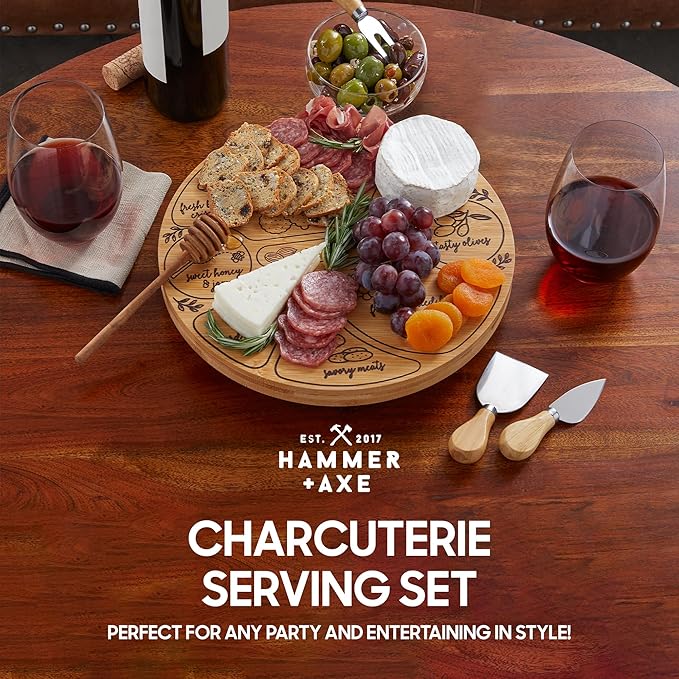 Hammer + Axe Premium Serving Bundle - Rotating Bamboo Charcuterie Serving Tray with Food Labels & 3 Cheese Tools| Acacia Wood Cheese Board with Knife & Fork| Dinner Party & Housewarming Gift Set