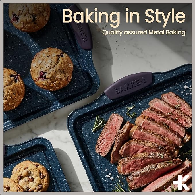 BAKKEN Kitchen Baking Pan Set - Nonstick Coating, Carbon Steel Bakeware Sets with Blue Silicone Handles, Baking Kitchen Essentials, PFOA, PFOS, PTFE Free, Oven Safe Tray (Up To 450° F), Set of 8