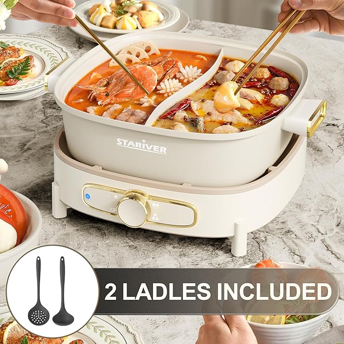 Stariver Hot Pot Electric with Divider, Large 6L Nonstick Double-Flavor Electric Shabu Shabu Pot, 1500W Hotpot with 3 Power Settings, Perfect for Family Dinners & Parties,White