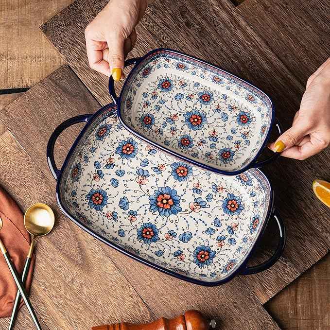 Baking Dish Ceramic Baking Pan Blue Casserole Dish Rectangular Baking Set 2pcs Bakeware Sets Single Serving Size Lasagna Pan Baking Dishes for oven (Blue plasma grass)