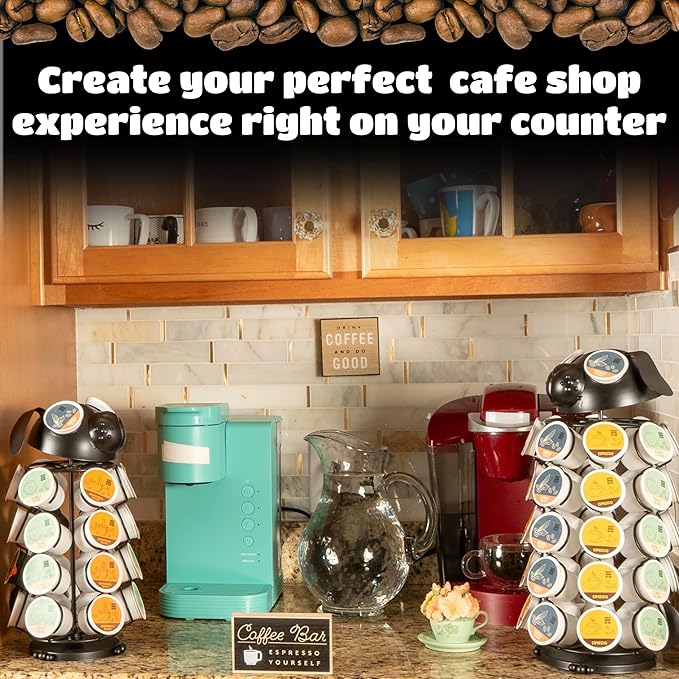 Made Easy Kit Carousel Coffee Pod Holder, Compatible with Keurig K-Pods K-Cups, Countertop Rack Storage Organizer, Metal Home and Kitchen Decor, Capsule Café Station Bar (Large, Black Dog)