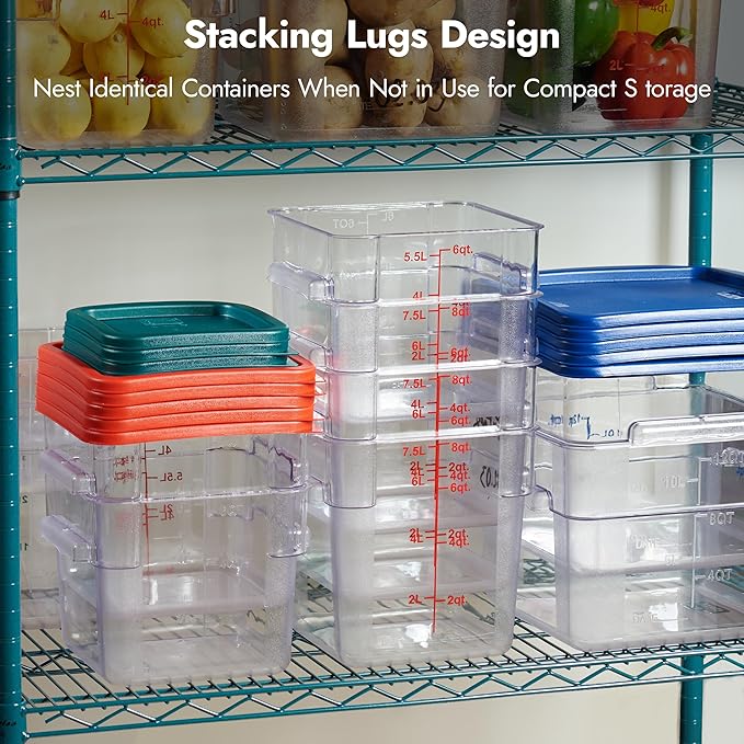 CURTA 8-Pack 2 Qt NSF Clear Polycarbonate Food Storage Containers with Green Lids - Square, Commercial-Grade, Freezer & Dishwasher Safe, Stackable