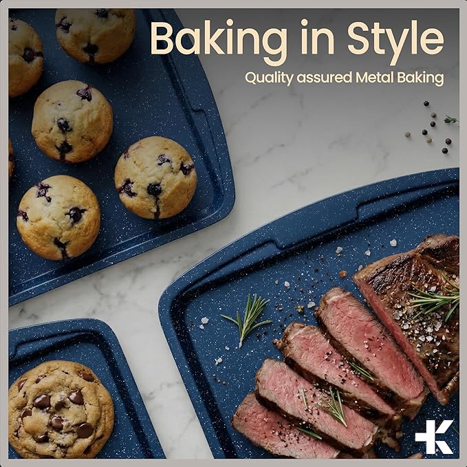 Blue Marble 10-Piece Bakeware Sets, Nonstick Carbon Steel Baking Sheet & Pans, Stackable Space-Saving Bakeware, Dishwasher Safe, Stain-resistant, PFOAPFOSPTFE Free, Oven Safe Up To 450°F (230°C)