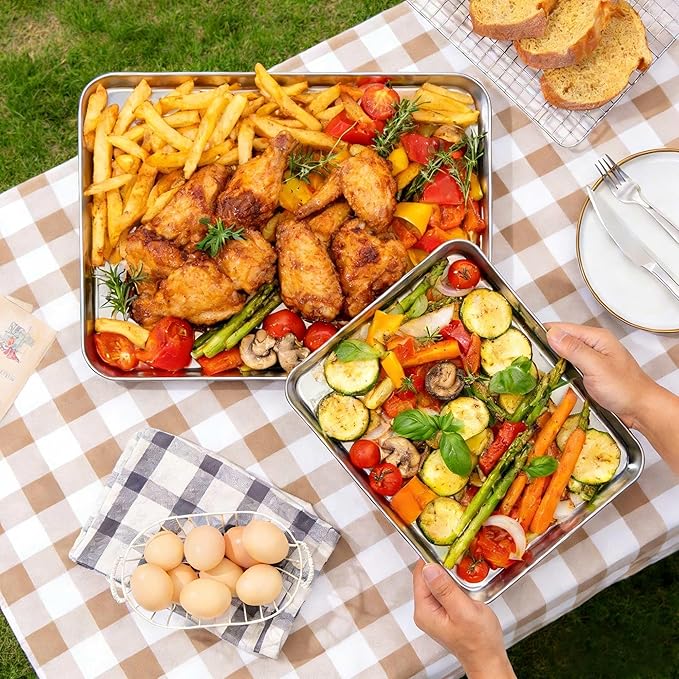 Onader Baking Cookie Sheet Set, 20 x 14 Inch Stainless Steel Large Baking Sheet Pan, 1 Inch Deep Metal Oven Pan Tray for Oven, Easy Clean & Dishwasher Safe, 2-Pack