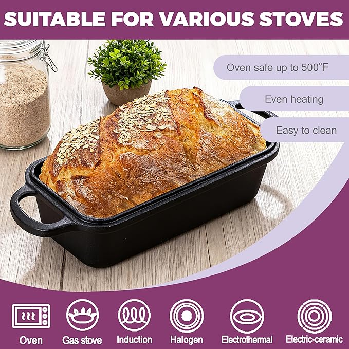 11x5 Inch Cast Iron Loaf Pan with Lid, Large Dutch Oven Bread Loaf Pan for Sourdough, Homemade Bread Baking, Even Heat Distribution, 5.8Qt