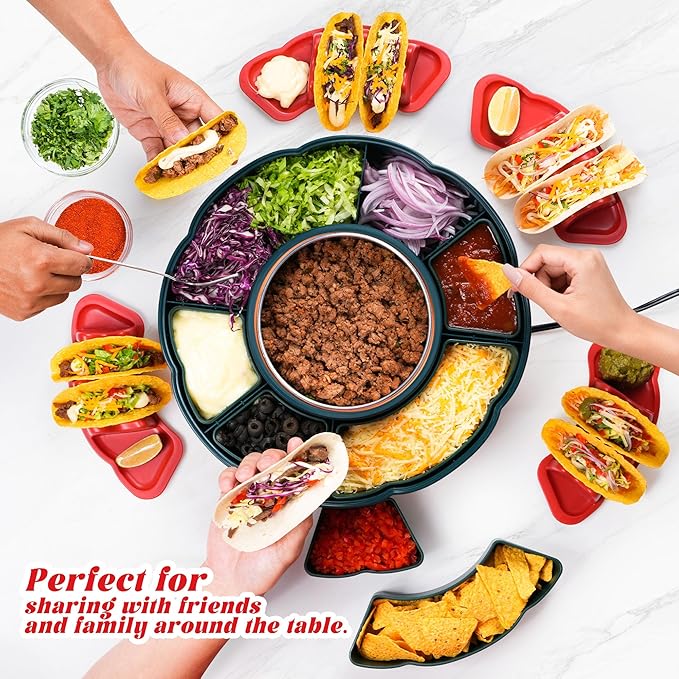 Taco Tuesday Kit - Taco Bar Serving Set for a Party with 33oz Heated Pot, 4 Taco Holders, Detachable Lazy Susan Tray, Perfect for Parties, Nachos Taco Night Fiesta Unique Couple & Housewarming Gift