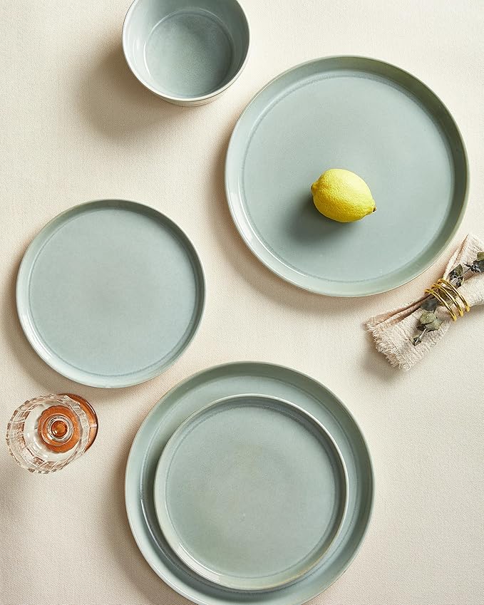 Pokini Dinnerware Sets for 6, Ceramic Plates and Bowls Set, Modern Artisan Dish Set, Microwave & Dishwasher Safe Dishware Set, Chip & Scratch Resistant Dinner Sets, Gradient Green