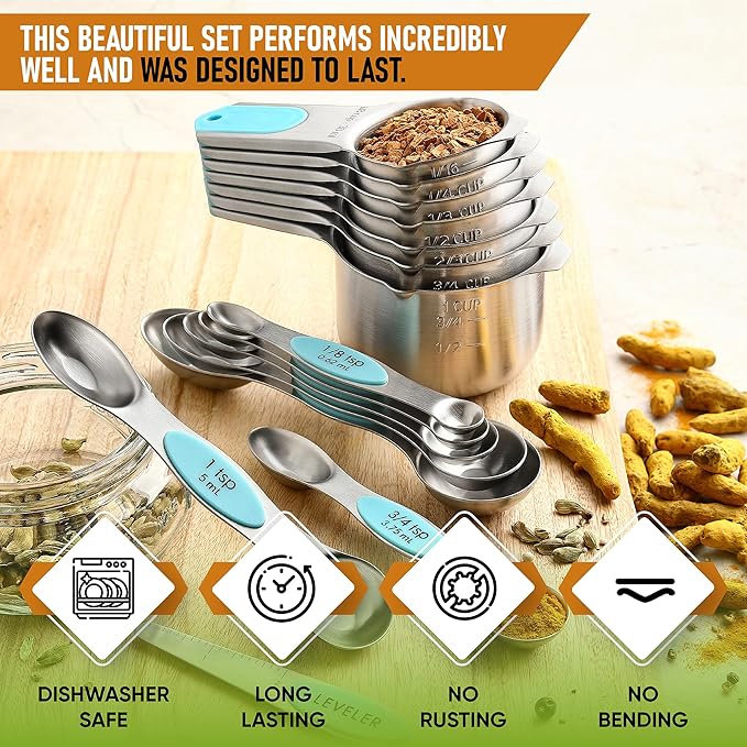 Spring Chef Premium Swivel Vegetable Peeler & Magnetic Measuring Cups & Spoons, Set of 15 with Leveler - 2 Product Bundle - Aqua Sky
