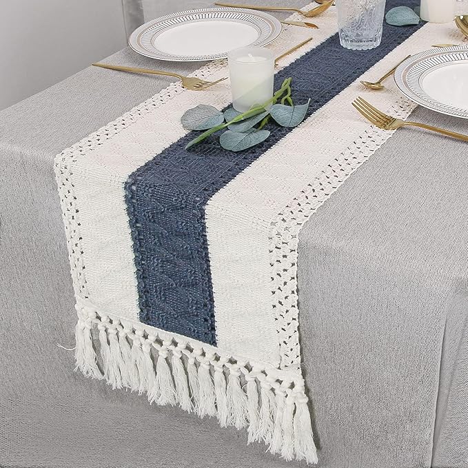 FEXIA Boho Table Decor 48 Inch Cream & Blue Macrame Runner with Tassels for Boho Dining & Bedroom Decor Rustic Bridal Shower (12x48 Inches)