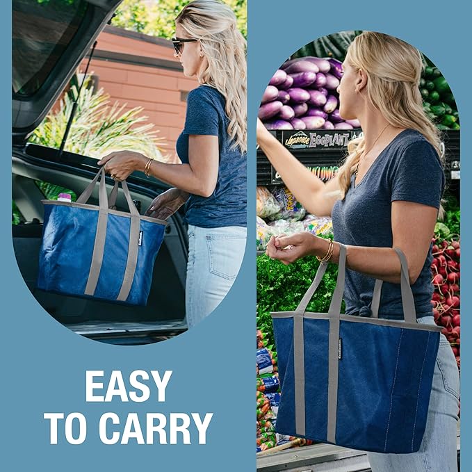 CleverMade EcoBasket Reusable Grocery Tote - 30L - Pack of 3 - Gray Black - Collapsible Storage Shopping Organizer - Heavy Duty Utility Bag Home