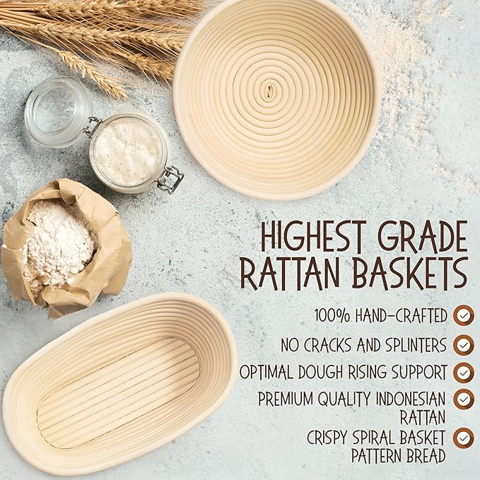 Superbaking Sourdough Proofing Basket Gift Set, Round 9" & Oval 10" Banneton, Sourdough Starter Kit, Sourdough Banneton Basket, Banneton Bread Proofing Basket Set of 2, Sourdough Bread Baking Supplies