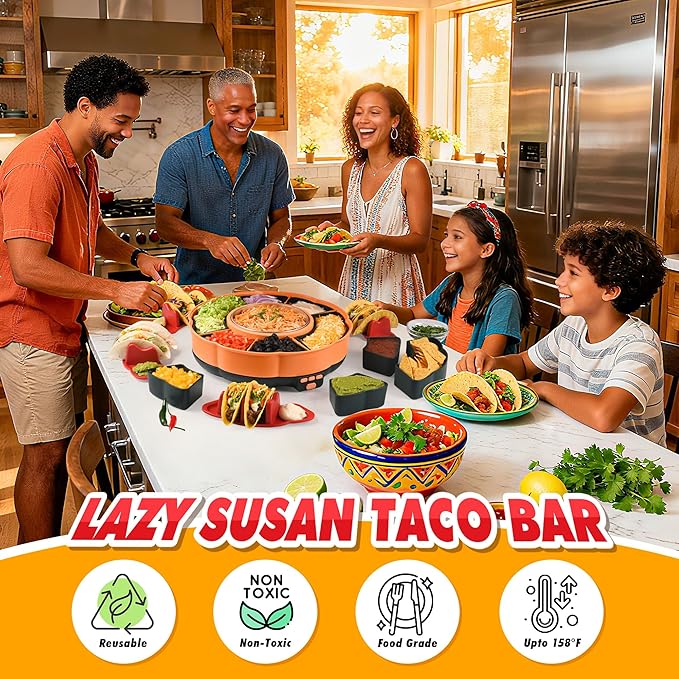 Taco Tuesday Kit - Taco Bar Serving Set for a Party with 33oz Heated Pot, 4 Taco Holders, Detachable Lazy Susan Tray, Perfect for Parties, Nachos Taco Night Fiesta Unique Couple & Housewarming Gift