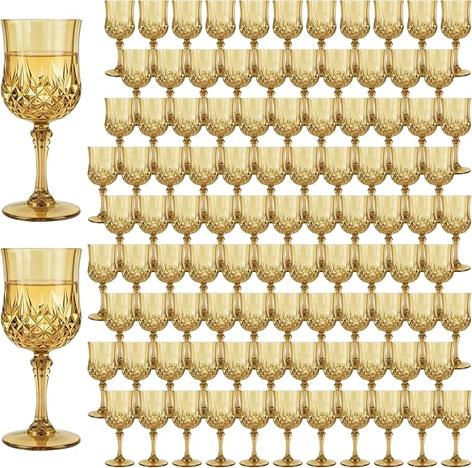 Plastic Wine Glasses, Plastic Goblets Vintage Style Cordial Unbreakable Drinking Glasses, Reusable Drinkware for Wedding Reception, Grand Event Party Supplies, Easter (100, Gold)