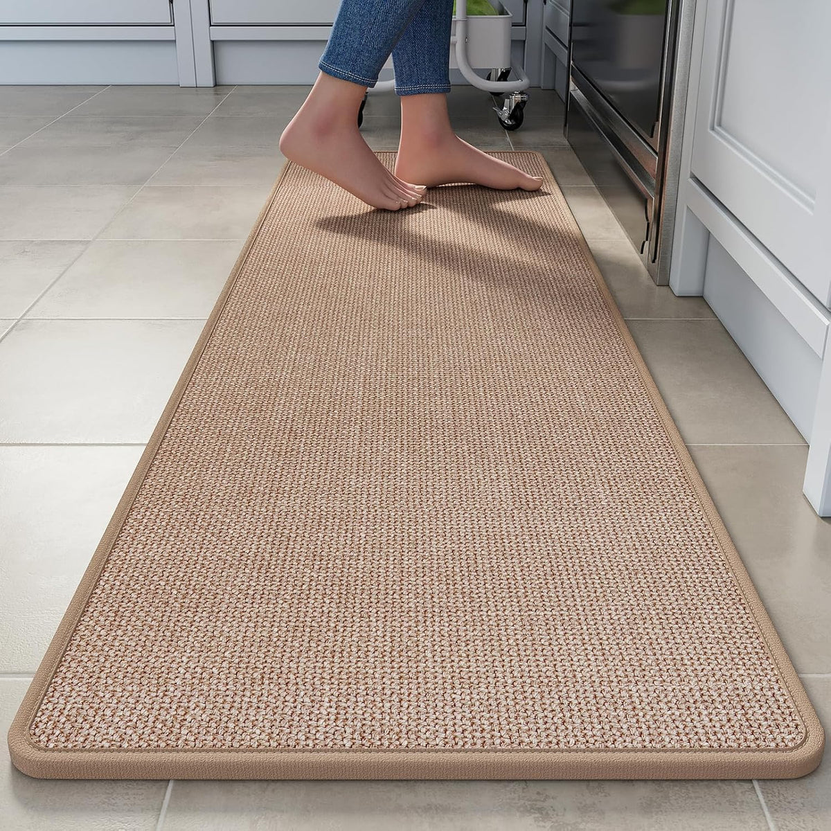 Kitchen Runner Rugs Non Slip Washable, Super Absorbent Cushioned Kitchen Mats for Floor, Linen-Look Woven Sink Mat Standing Floor Mat, Easy Clean, Brown 17"x59"