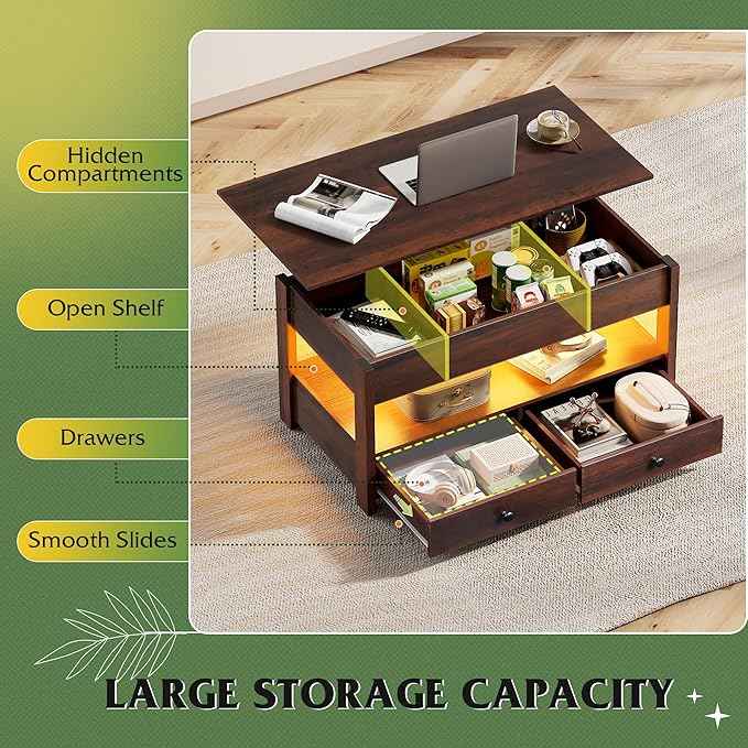 WLIVE Coffee Table, Lift Top Coffee Table with Drawers, LED Light, Large Storage and Open Shelf, Lift Tabletop for Living Room, Espresso