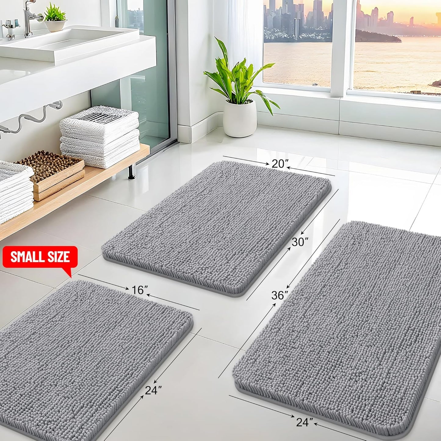 Arotive Bathroom Rugs 59x35, Extra Soft Absorbent Shaggy Chenille Bath Rugs, Machine Washable Rubber Backing Non-Slip Bath Mats for Bathroom Floor Tub and Shower, Home Decor Accessories, Grey