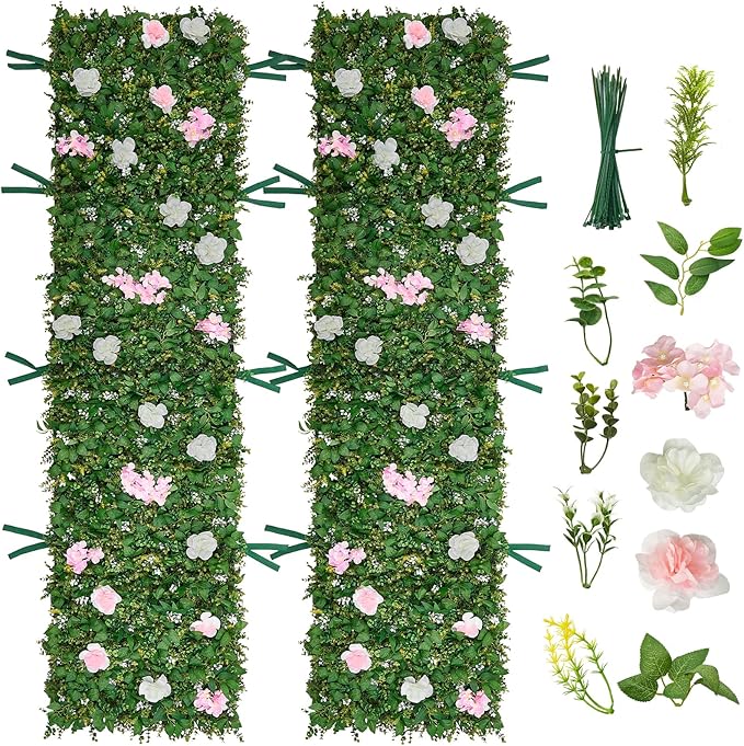 VEVOR Artificial Luxury‌ Flower Wall Backdrop, 2 PCS, Each Panel 2 x 8 ft, Gorgeous 3D Silk Floral Backdrop Pet Friendly, Easy Installation Flower Wall Panel for Wedding, Event, Party,Mixed Leaf