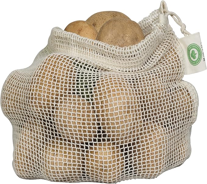 Reusable Mesh Vegetable Bags of 100% Organic Cotton - 6 Pieces Perfect Net Produce Bags - Eco-friendly, Bio-degradable & Washable Fruit, Vegetable & Produce Sacks (3 Medium, 3 Small)