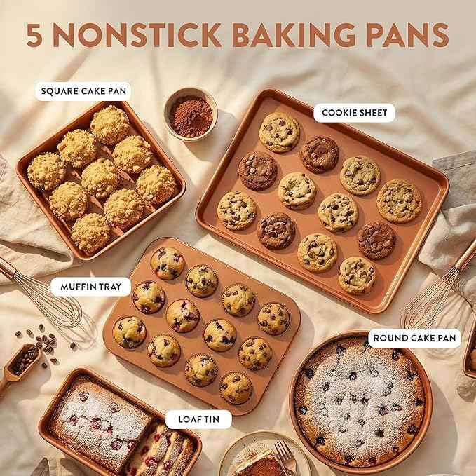 Gotham Steel Hammered 24 Pc Ceramic Cookware Set Nonstick, Induction Ceramic Pots and Pans Set Non Stick with Deep Square Pan Set & Bakeware Set, Non Toxic PFOA PFOS Free, Oven & Dishwasher Safe