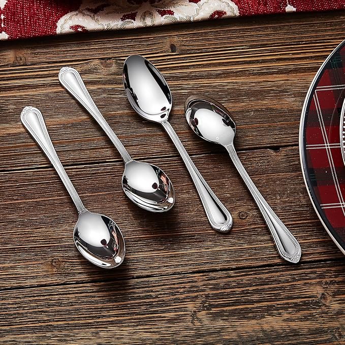 KEAWELL Pearl Edge 4-Piece Premium Spoon Set, 18/10 Stainless Steel, Fine Silverware Spoons with Refined Bead Design, Brightly Polished, Dishwasher Safe (Silver, 6.4" Teaspoons)