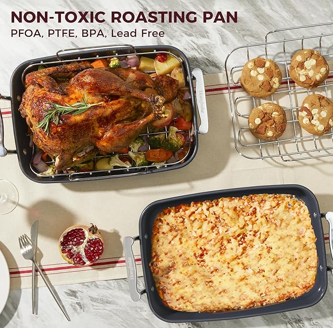 HONGBAKE Roasting Pan with Rack, 17.6×11 Inch Nonstick Roaster Pan for 17 lb Turkey, Chicken and Lasagna, Deep Turkey Pan for Oven, Heavy Duty Oven Roaster Tray, Wider Handles, Gray
