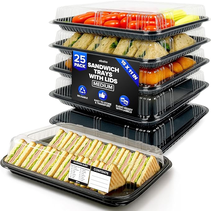 25 Pack Catering Trays with Lids – 15" Serving Tray with Lid, Heavy Duty Recyclable Plastic Party Platters for Catering, Buffet, Picnics & Events – Food Tray with Clear Lid (15.35 × 11.42 × 2.95 inch)