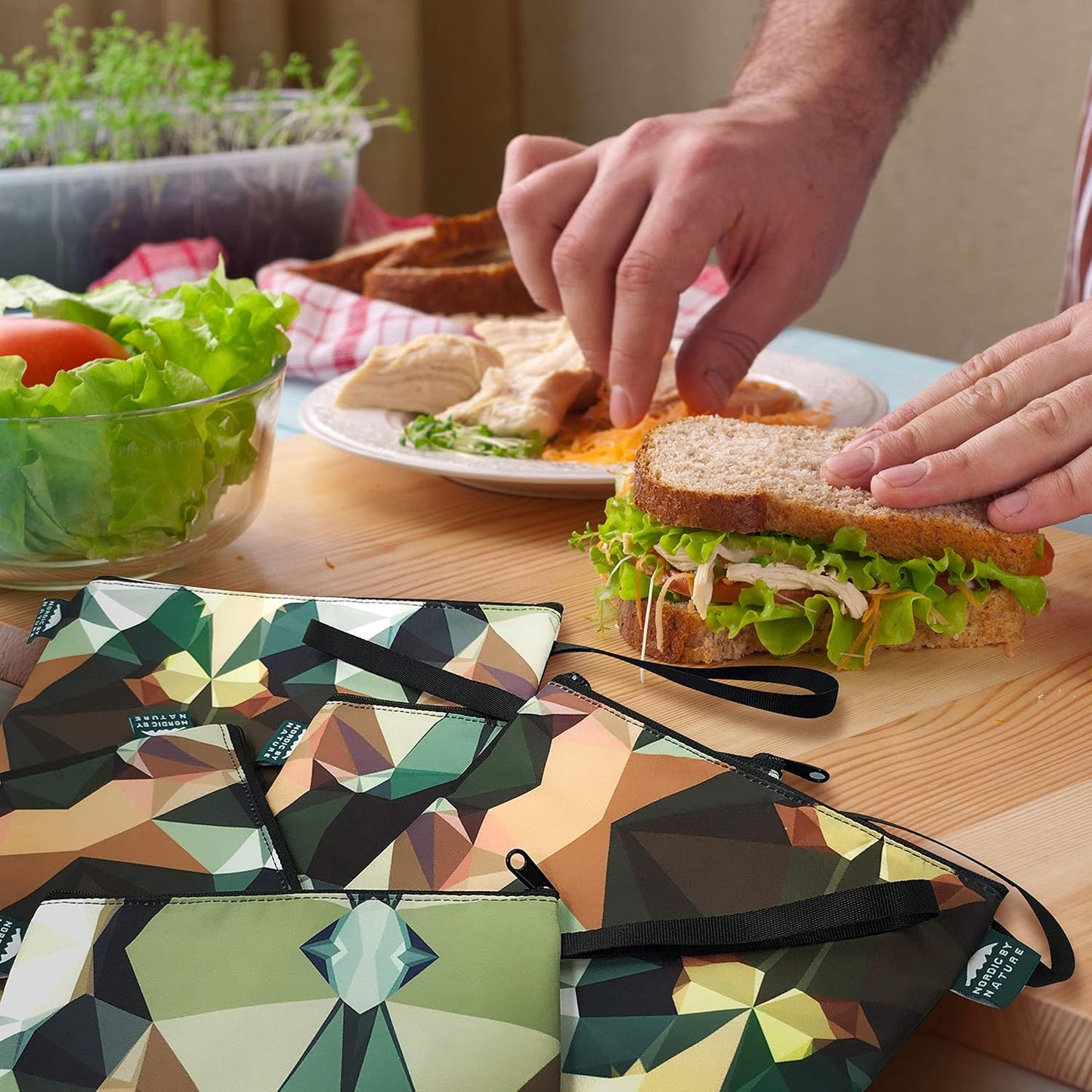Nordic By Nature-Dual Layer Reusable Sandwich & Snack Bags – BPA-Free, Easy Clean, School Lunch Bags for Kids & Adults (Mosaic Camo)