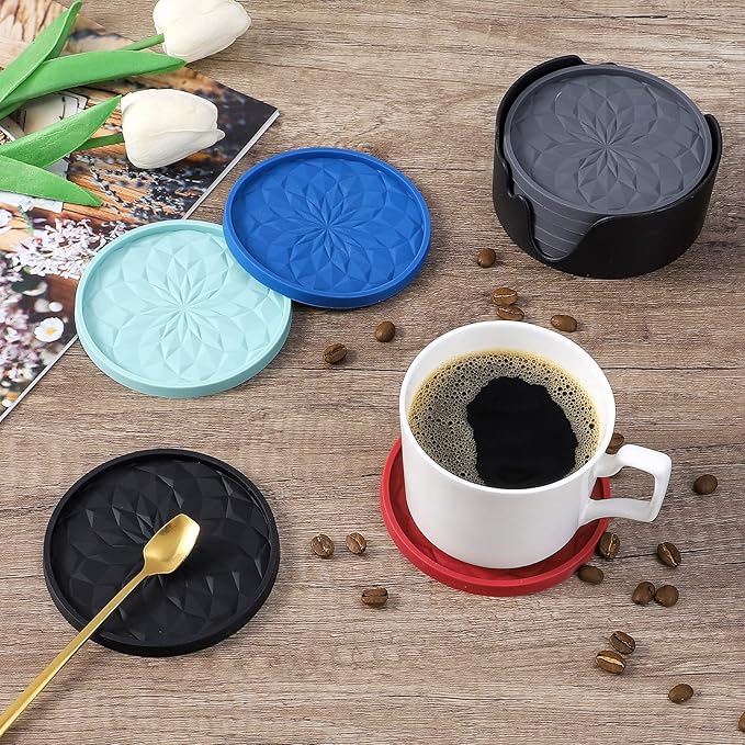 ME.FAN Silicone Coasters with Holder,[6 Pack] Drinking Coasters - Cup Mat for Hot or Cold Drinks, Thickened, Non-Slip, Non-stick,Deep Tray Dark Purple