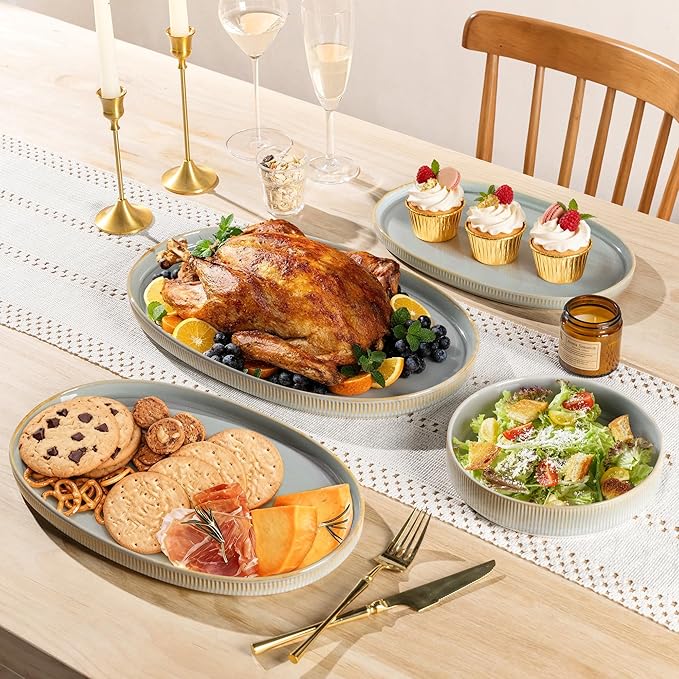 theterra Ceramic Serving Platter, 15.6"/14.4"/12.2" Oval Serving Dishes for Entertaining, Oven Safe, Microwave Safe, Serving Plates Set of 3 for Wedding, Party, Turkey, Desert Sage