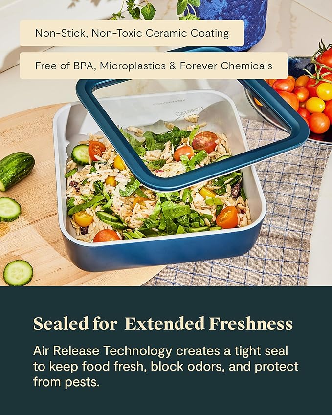 Caraway 2pc Glass Food Storage Set - 10 Cup Food Containers (2) - Ceramic Coated - Non Toxic, Non Stick Lunch Box with Lids. Dishwasher, Oven, & Microwave Safe - Cream