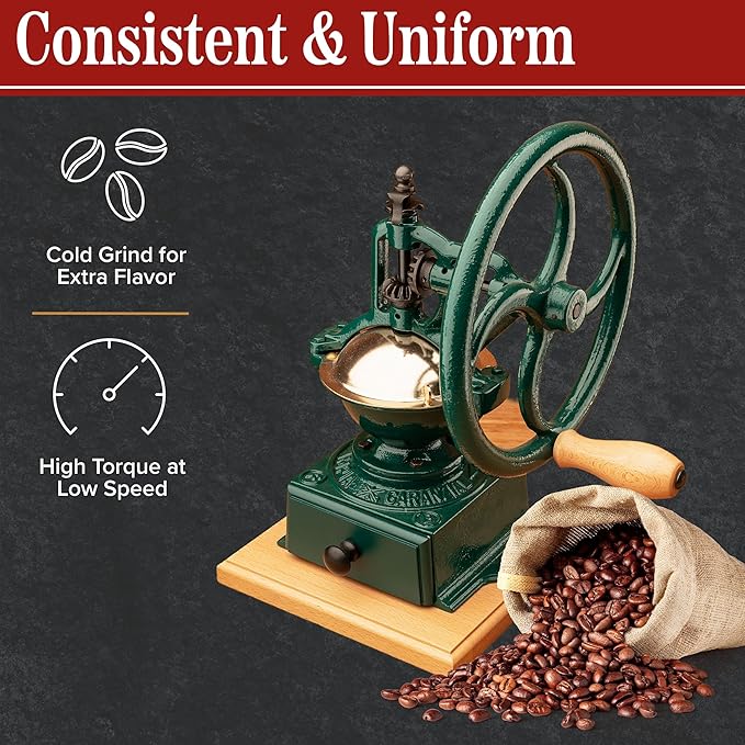 Manual Burr Coffee Grinder - Heavy Cast Iron Coffee Bean Burr Grinder with Adjustable Grind Settings, Hand Crank, and Vintage Design - Italian Made Espresso Accessories by Classic Cuisine (Green)
