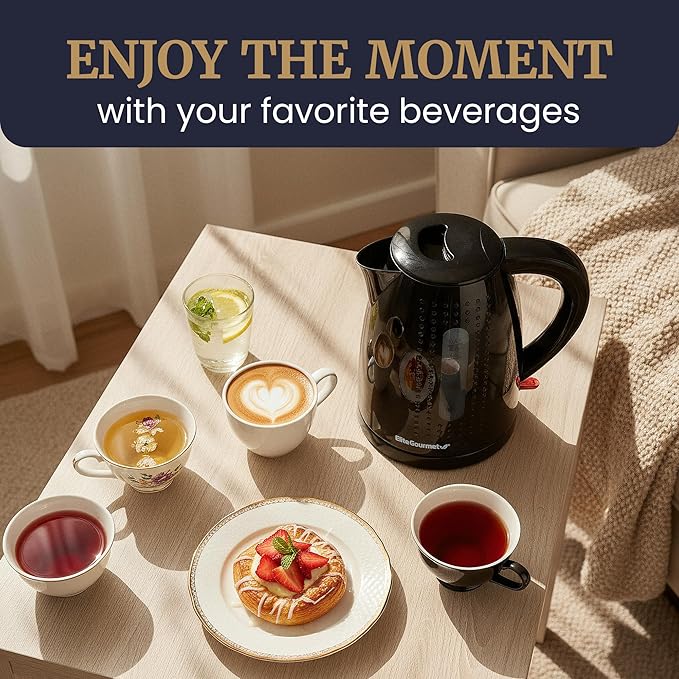 Elite Gourmet EKT5051 1.7L Electric Water Kettle, BPA-Free, Fast Boil, Auto Shut-Off, Boil-dry Protection, 360° Swivel Base with Cordless Serving, Clear-view Window with Water Level Markings, Black