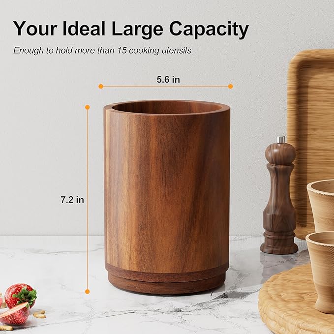 ZUJJAFY Utensil Holder, 360° Rotating Acacia Wood Kitchen Utensil Holder for Counter, 7.2" Large Cooking Utensil Crock for Countertop, Wooden Utensils Organizer for Cooking Spatula Storage