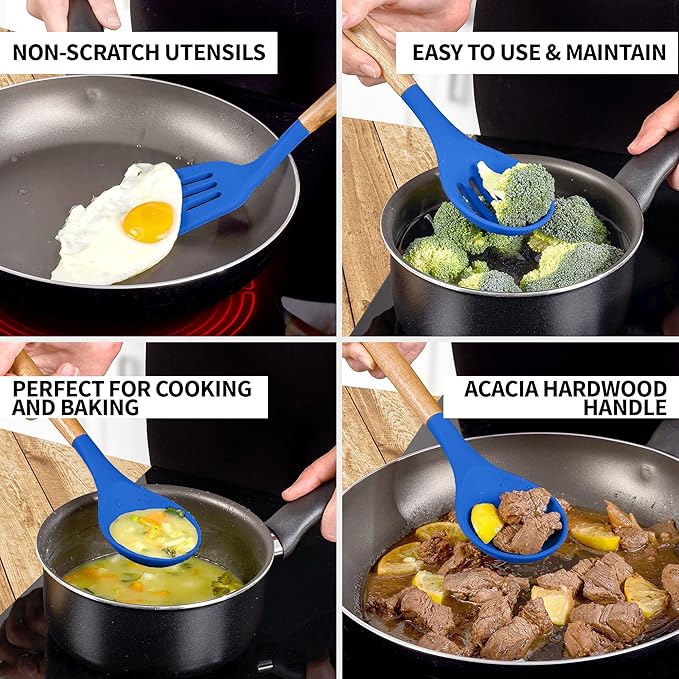 Zulay Kitchen Non-Stick Silicone Cooking Utensils Set with Acacia Wood Handles - 5 Piece Set - Heat Resistant to 464F - Dark Blue