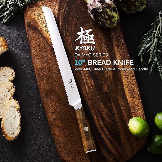 KYOKU 10 Inch Bread Knife - Daimyo Series - Serrated Knife with Ergonomic Rosewood Handle, and Mosaic Pin - Japanese Style 440C Stainless Steel Bread Cutter with Sheath and Case