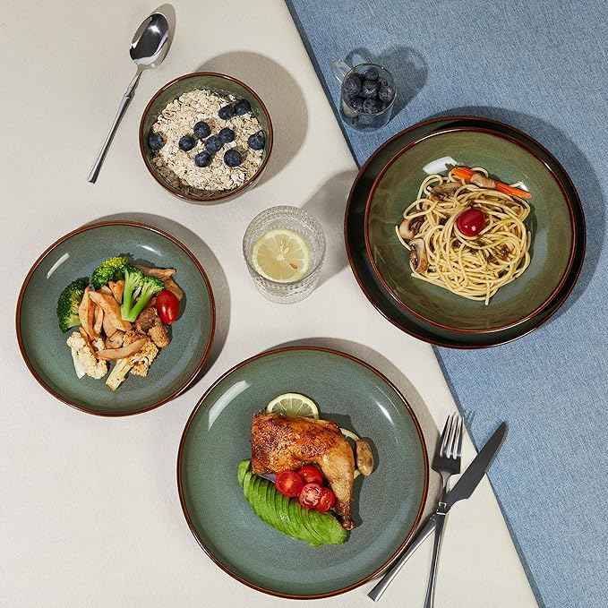 24 Piece Double Bowl Dinnerware Sets with Pasta Bowls, Highly Chip and Crack Resistant Plates and Bowls Sets, Natural Earthyware Ceramic Dishware Sets, Service for 6 Brown Green