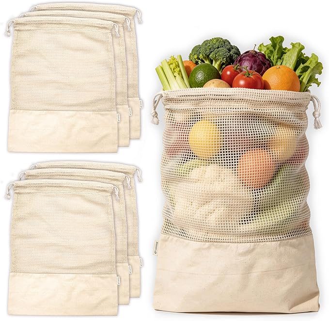 LEAFICO Reusable Produce Bags – 100% Cotton Mesh & Solid Hybrid (Large 12x15 inch 6 Pcs) – Storage Bags for Vegetables, Toys, Clothes, Travel Packing – Washable, Plastic-Free, Breathable, Zero Waste