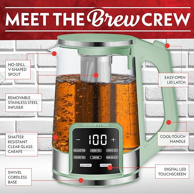 Gourmia Electric Glass Kettle – 1.7L Programmable Tea & Coffee Brewer with Digital Touch Display, 6 Presets, Removable Stainless Steel Infuser, Cordless with 360° Swivel Base, Green