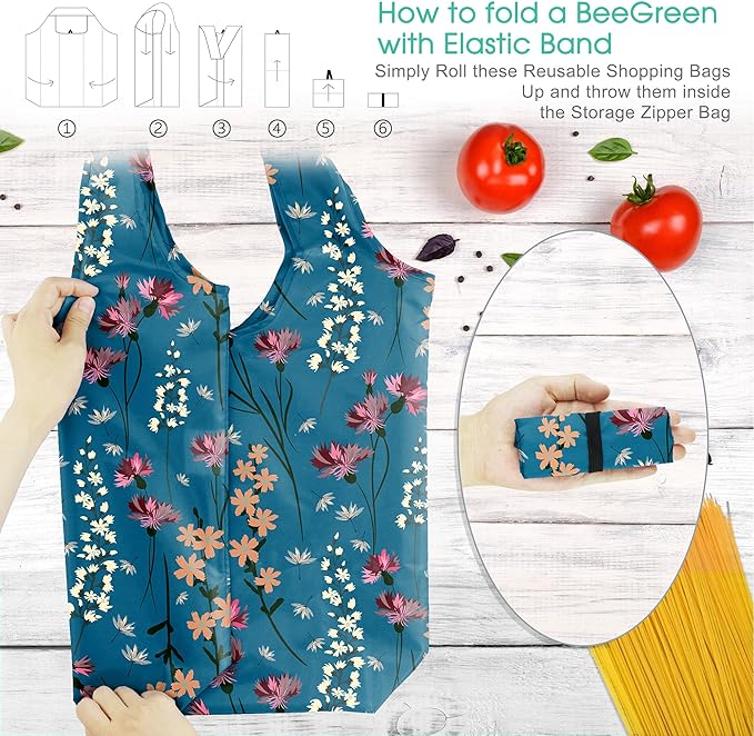BeeGreen Aesthetic Tote Bags Flowering Shrub Gifts for Women Travel Floral Reusable Grocery Bags Shopping Bags Bulk 6 Pack 50LBS X-Large Foldable-Machine Washable