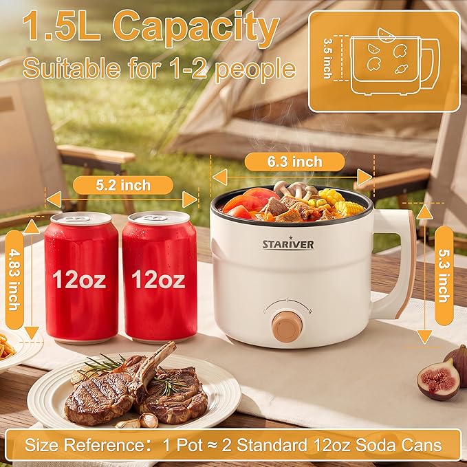 Stariver 1.5L Electric Hot Pot - Mini Portable Electric Pot, Non-Stick Noodle Cooker for Ramen, Soup, Pasta, Egg, Oatmeal - Overheat & Boil-Dry Protection - Ideal for Dorm, Office, Travel Gift
