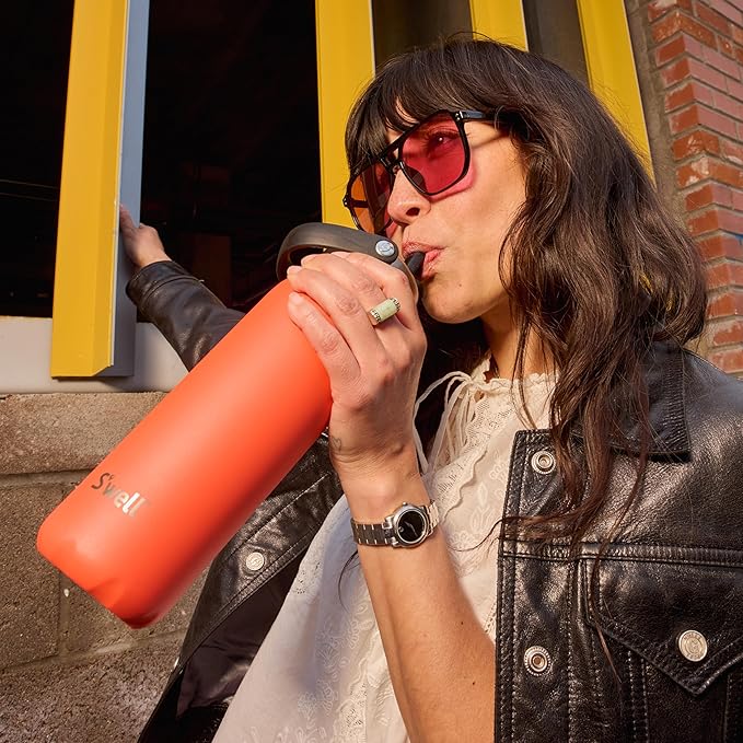 S'well Recycled Stainless Steel Explorer with Flip Straw Lid, 24oz, Radiant Coral, Triple Layered Vacuum Insulated Container Keeps Drinks Cold for 36 Hours and Hot for 8, BPA Free, Built In Handle