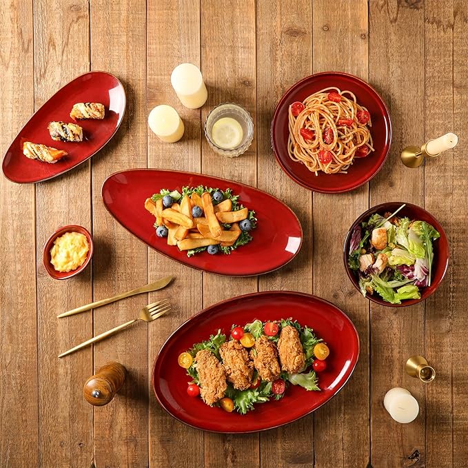 vicrays Large Oval Serving Platters, 16"/14"/10" Porcelain Serving Platters for Party, BBQ,Stackable Serving Trays Serving Plates for Appetizers, Sushi, Restaurant, Set of 3 (Cherry Red)
