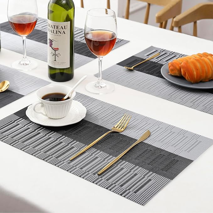 Leetaltree Grey with White Striped Placemats Set of 8 - Heat Resistant Non-Slip Place mats for Dining Table, Washable Durable PVC Vinyl Woven Table Mats（Grey Stripe, 8）