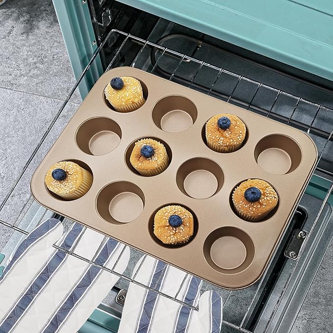 Satax Muffin Pan for Baking, Nonstick Cupcake Tin 12 Cup,sets of 2,Heavy Duty Steel Muffin Pan (Gold, 12-cup)