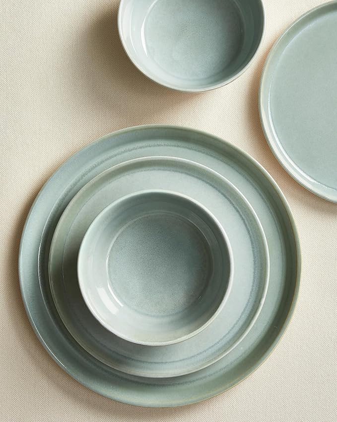 Pokini Dinnerware Sets for 8, Ceramic Plates and Bowls Set, Modern Artisan Dish Set, Microwave & Dishwasher Safe Dishware Set, Chip & Scratch Resistant Dinner Sets, Gradient Green