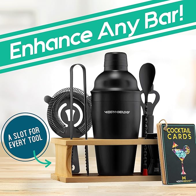 Modern Mixology Cocktail Shaker Set - 8 Piece Bartender Kit on Quality Pine Stand | Complete Cocktail Kit Gift Set | Top Bartender Gifts for Men | Leak Proof Design (Black)